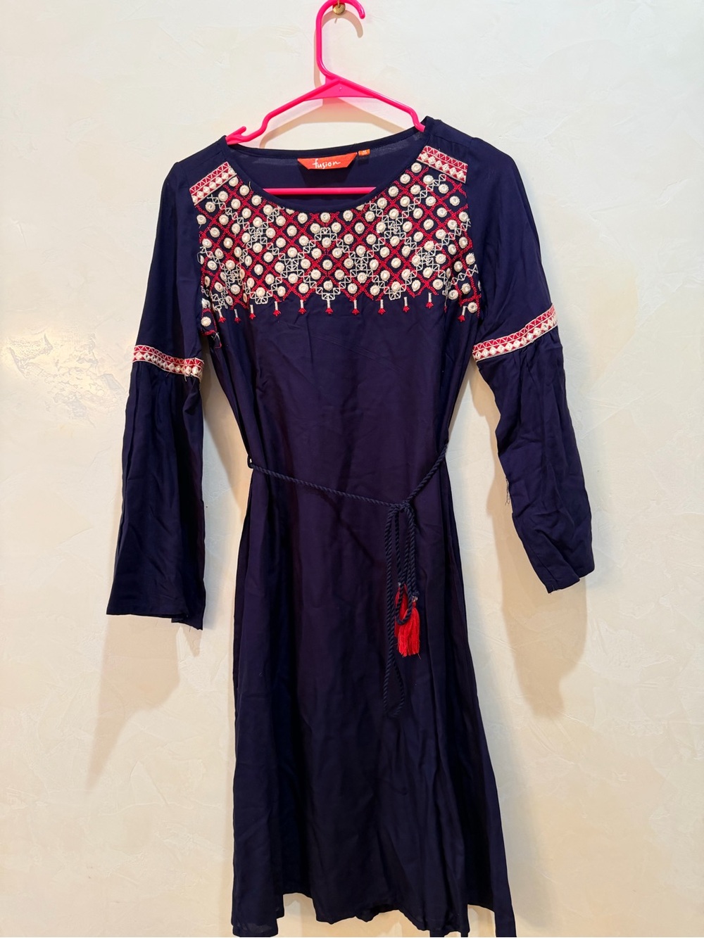 Embroidered Navy Women’s Dress with Red Accents